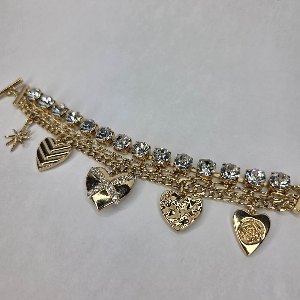 INC Gold-Tone Crystal Mixed Heart Charm Triple-Row Flex Bracelet - Picture 4 of 7